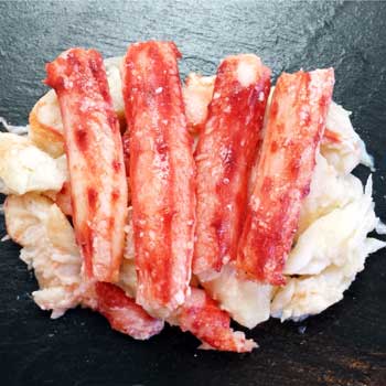 A photograph of Chilean king crab meat also referred to as santolla or centolla crab meat.