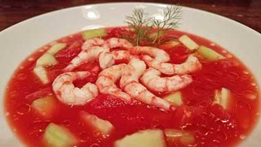Seatech Chilean shrimp, tomatoes, cucumbers, onion, tomato juice, clam juice vinegar, lemon juice, basil, olive oil. www.seatechcorp.com