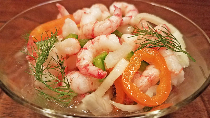 Pickled Chilean Shrimp, mini sweet peppers, jalapeno peppers, fennel, fennel fronds, salt and pepper to taste. www.seatechcorp.com