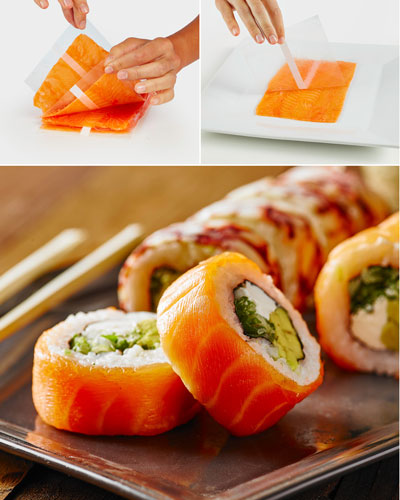 Salmon Sheet instructions along with an image of sushi rolls made with salmon and octopus sheets.